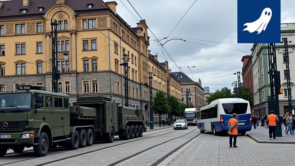 Puolustusvoimien kalustoa Tampereen Keskustorilla, ruuhkien hallinnassa.