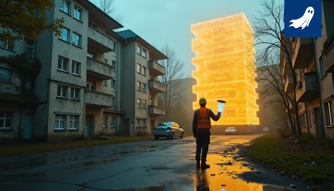 Ikaalisten kaupungintalo digitaalisessa muodossa, symboloiden uutta lohkoketjupohjaista asuntokauppakonseptia.