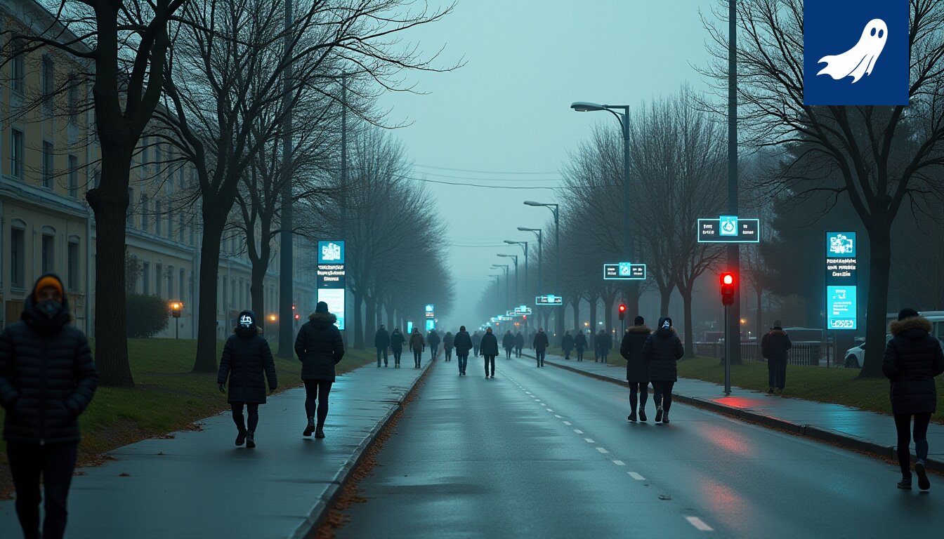 Satiirinen kuva Tampereen keskustasta, jossa puut on korvattu 5G-mastoilla.
