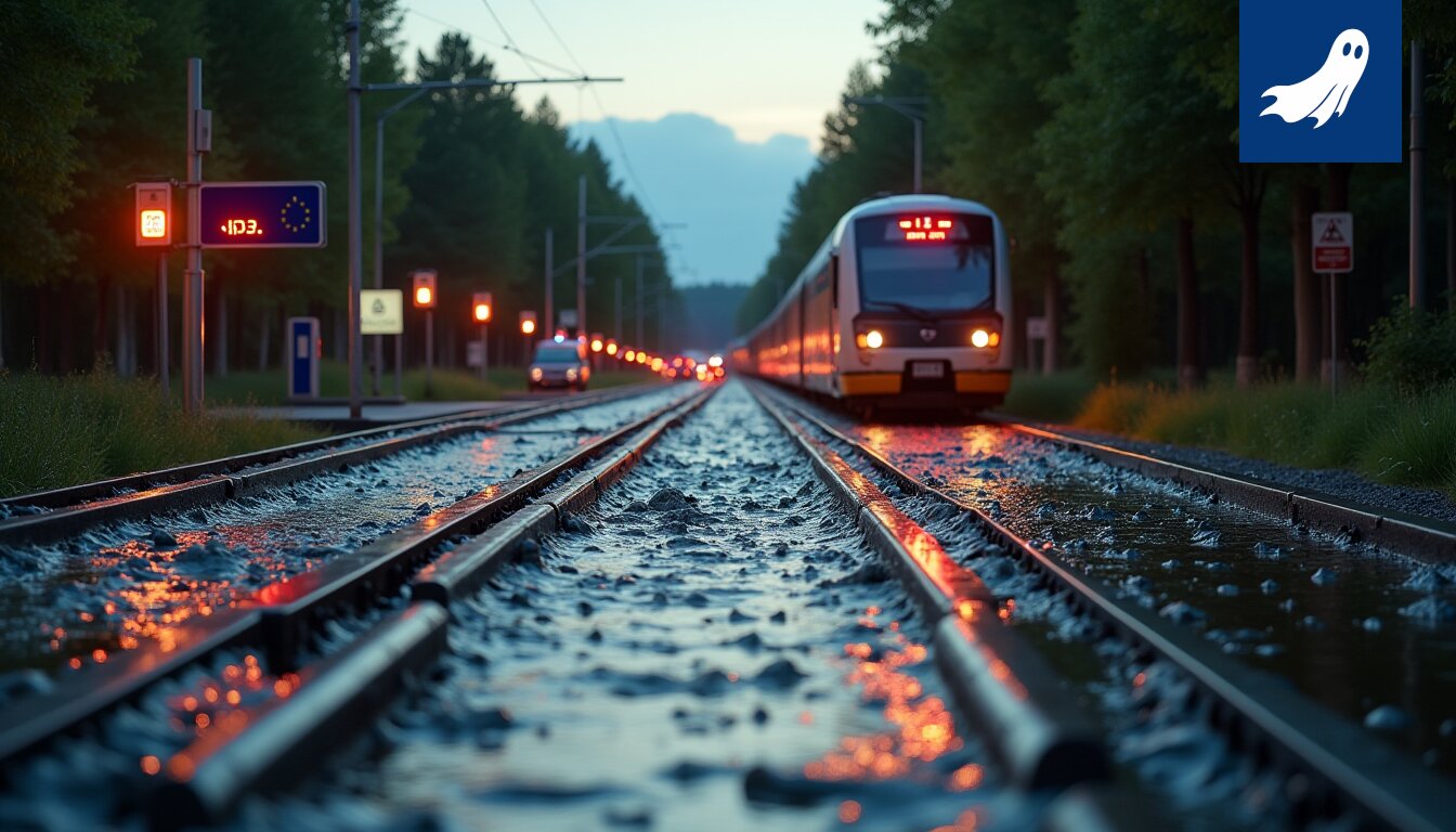 Juna seisoo Tampereen ratapihalla, taustalla epätavallinen kyynelanturi.