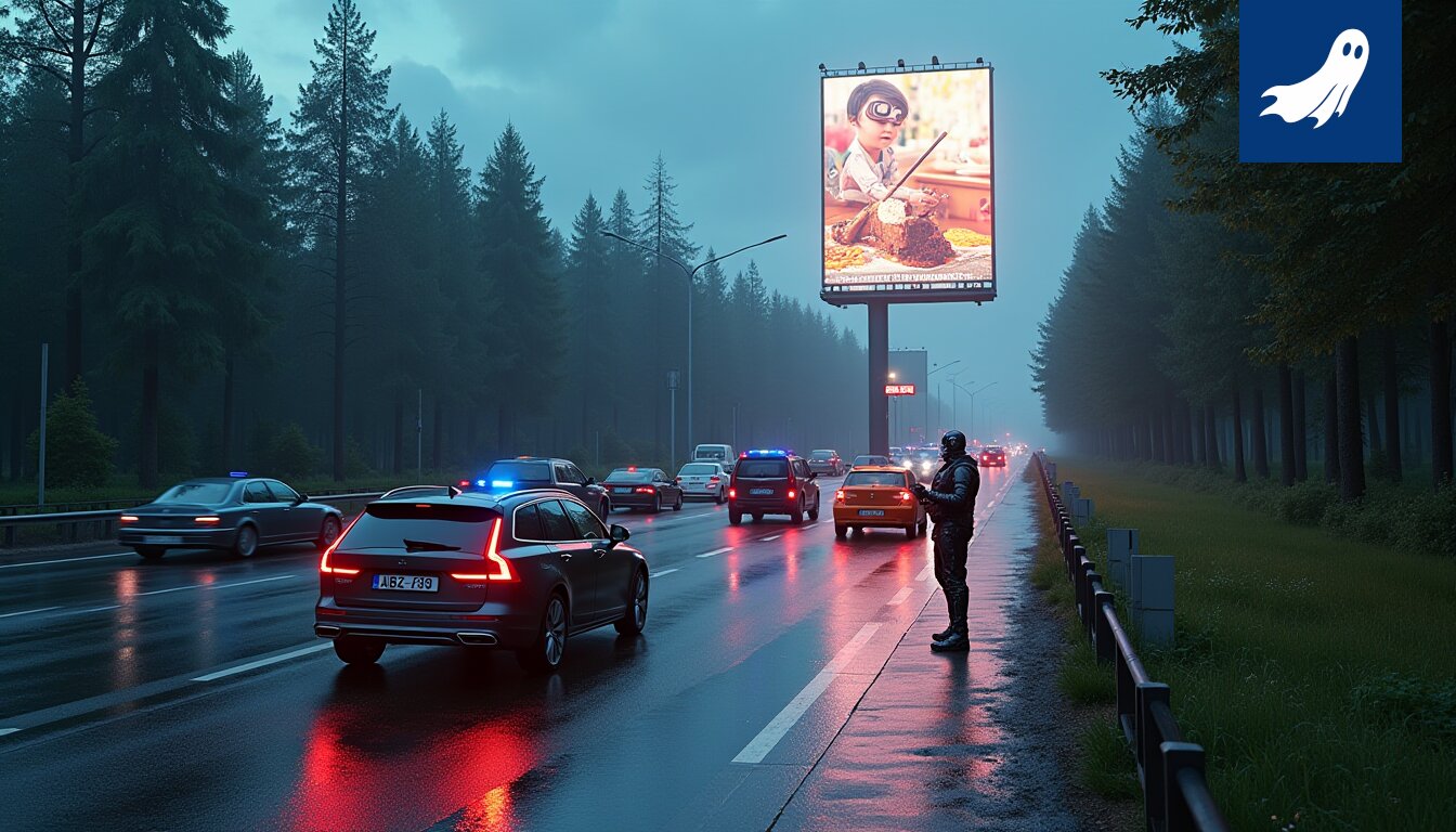 Sarjakuvamainen kuva moottoritiehen upotetuista suurista mainostauluista, jotka kohdistavat mainoksia ohittaville autoille.