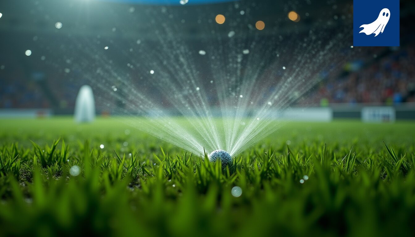 Jalkapallostadionin nurmikko kastellaan, mikä symboloi piilotettua datan keräämistä ja algoritmista valvontaa.
