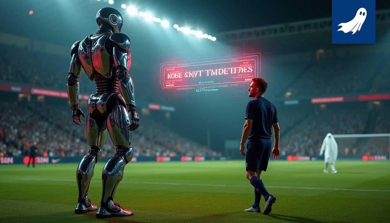 Robocop tarkkailee jalkapallokenttää MM-kisoissa, valmiina puuttumaan inhimillisiin virheisiin tuomaritoiminnassa.