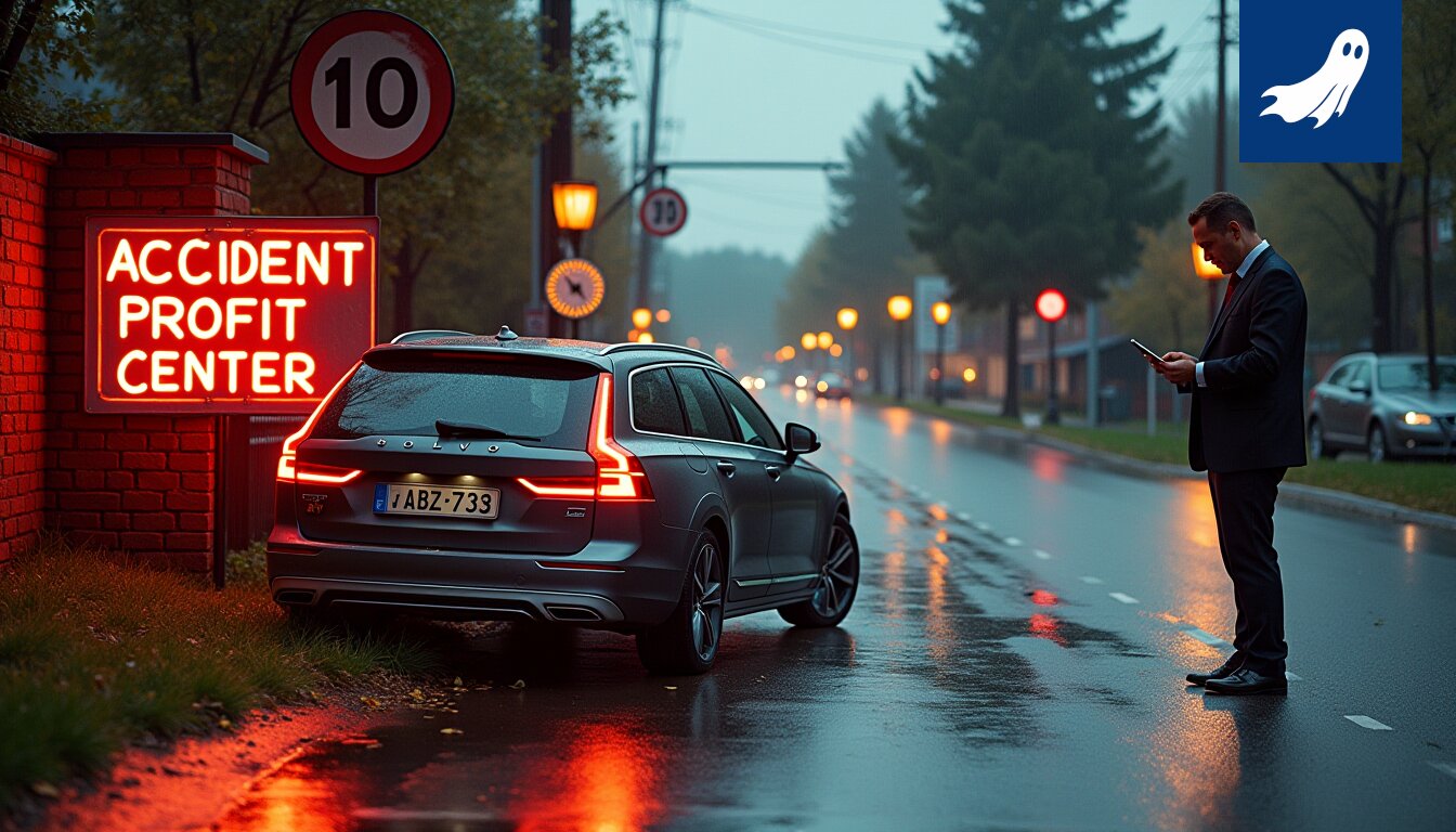 Auton romutuksen kuva Ylöjärven Kauppakujalla, jossa auto on törmännyt talon seinään.