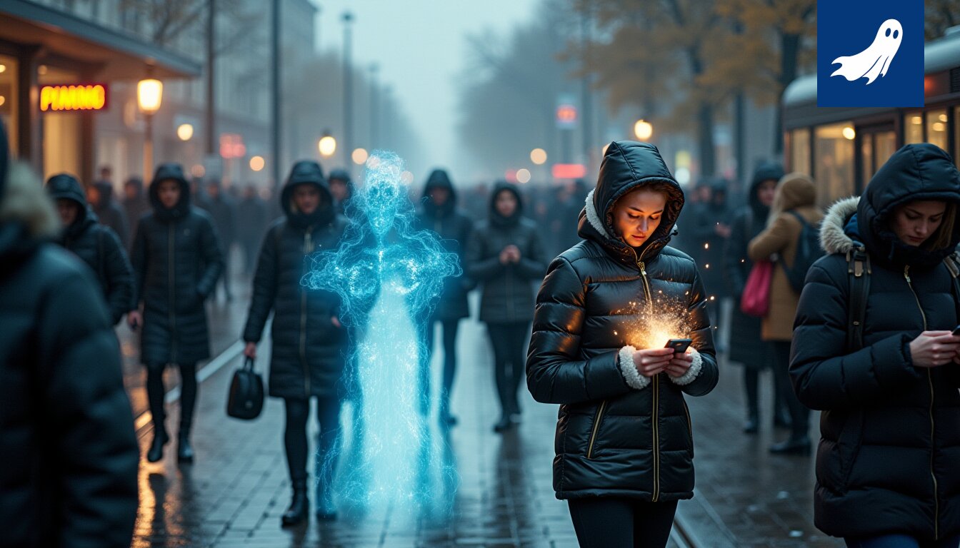 Digitaalinen kuva Minna Canthin aaveesta, joka murtaa binäärisiä rakenteita some-syötteissä.