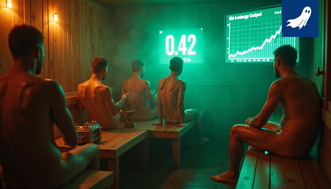 Sauna Tampereella, jossa ihmiset rentoutuvat ja tuottavat lämpöä, jota voidaan mahdollisesti hyödyntää energiantuotannossa.