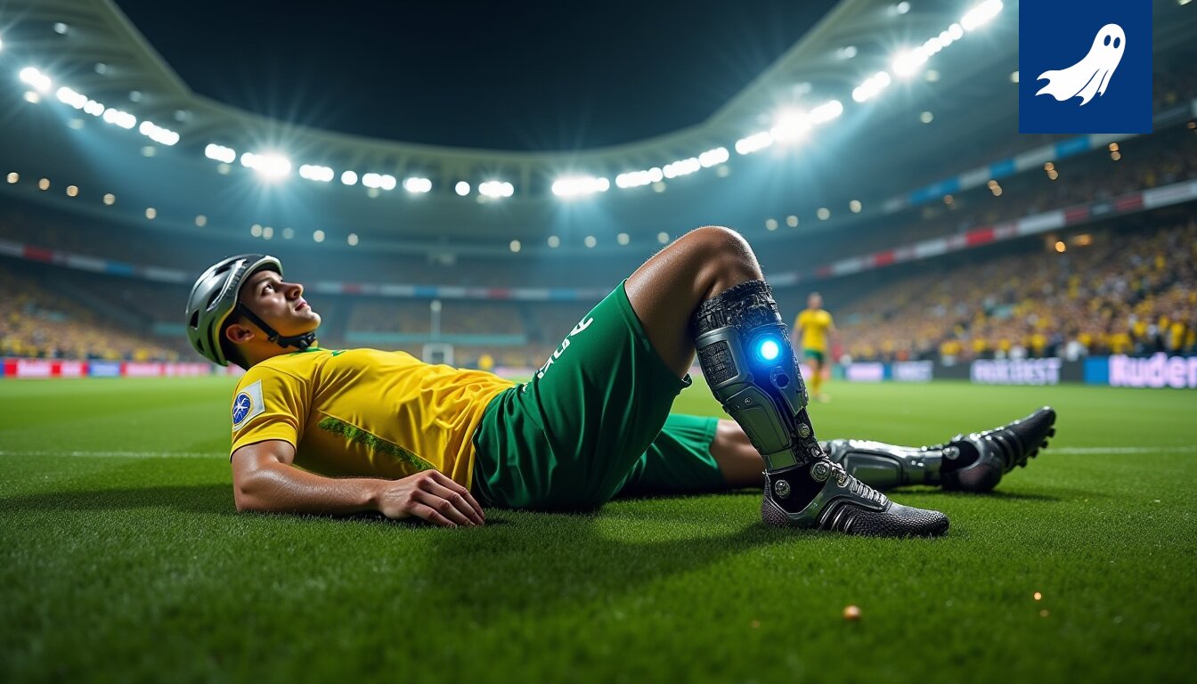 Brasilian jalkapallotähti makaa kentällä, ympärillä hämmentyneitä katseita ja teknisiä laitteita.