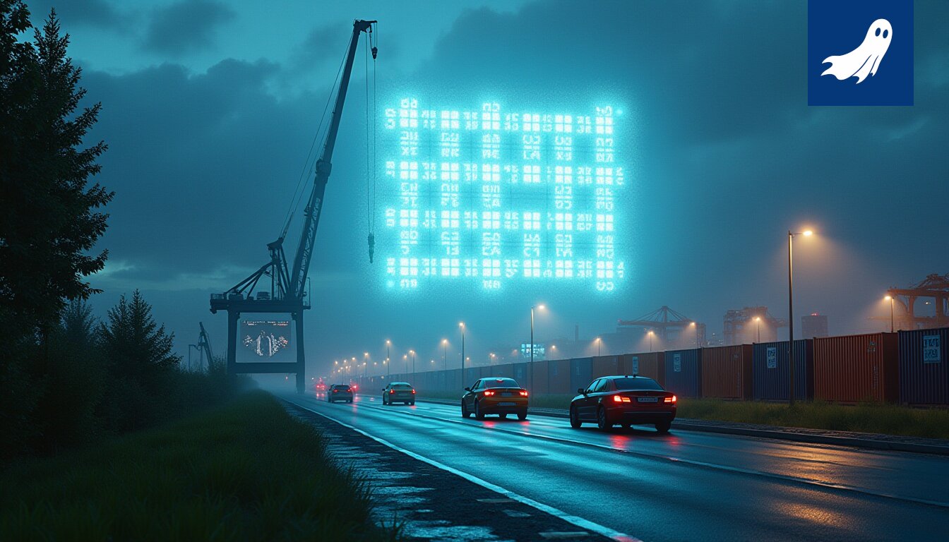 Sarjakuvamainen kuva digiristikosta, jossa ruudut muuttuvat datavirraksi.