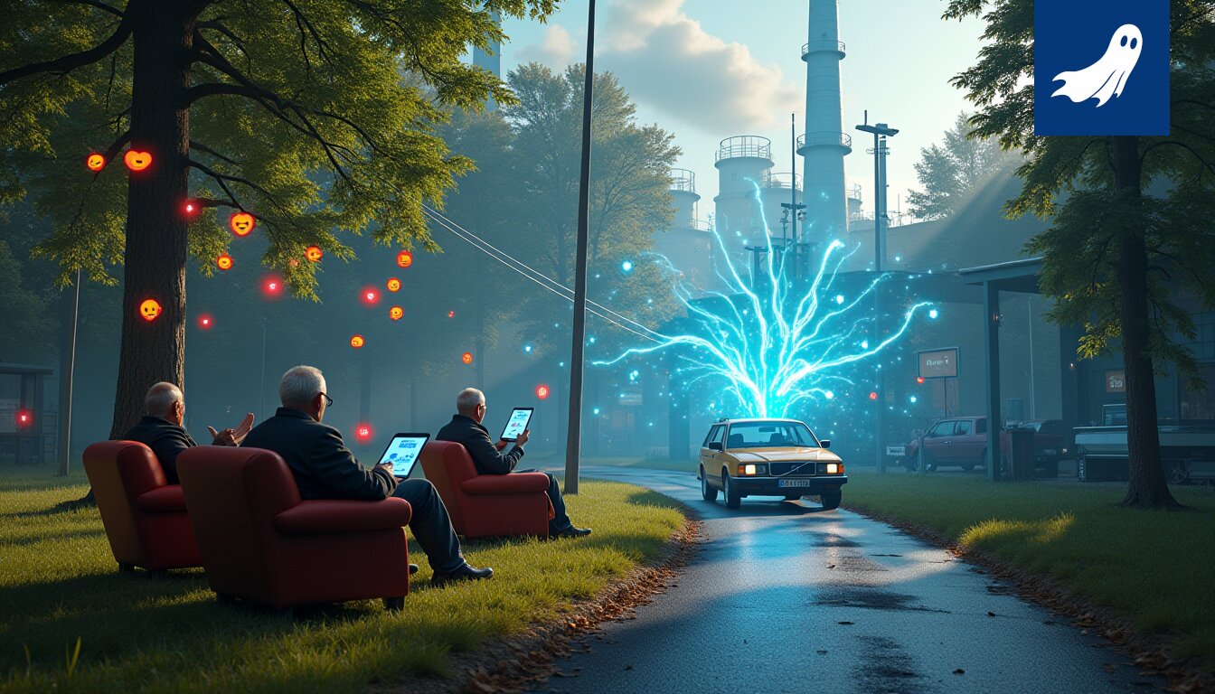 Sarjakuvamainen kuva vanhuksesta lähettämässä emoji-viestiä 5G-maston edessä, symboloiden uutta energianlähdettä.