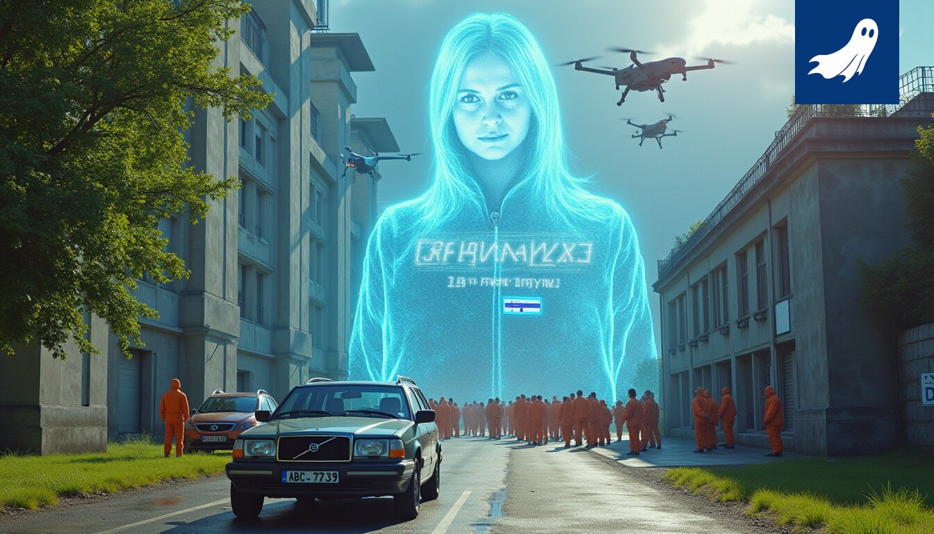 Kylmäkosken vankilan ulkopuoli, jossa näkyy valvontakameroita ja mahdollisesti hologrammi-johtaja.