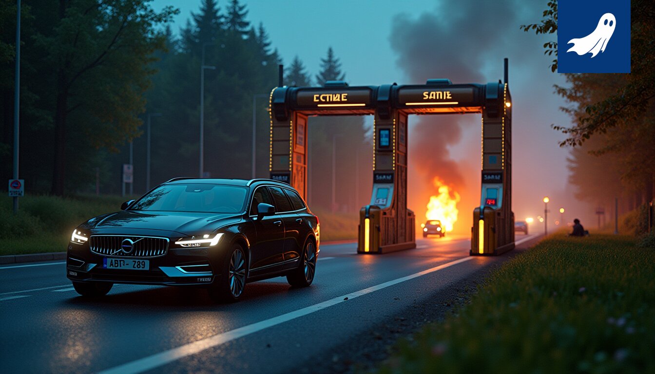 Palava auto valtatiellä Lempäälässä, satiirisen uutisartikkelin kuvitus.
