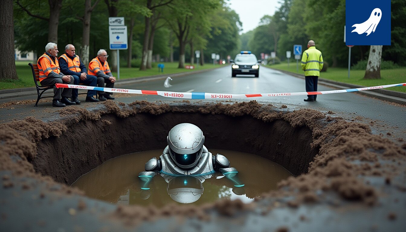 Autonominen Robocop-prototyyppi kaivossa, satiirinen uutiskuva.