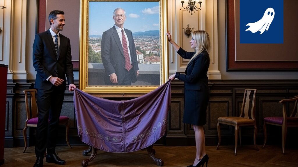 Kalervo Kummolan muotokuva Tampereen Raatihuoneella, jossa näkyy epäselvästi Porin Ässien logo valaistusvirheen vuoksi.