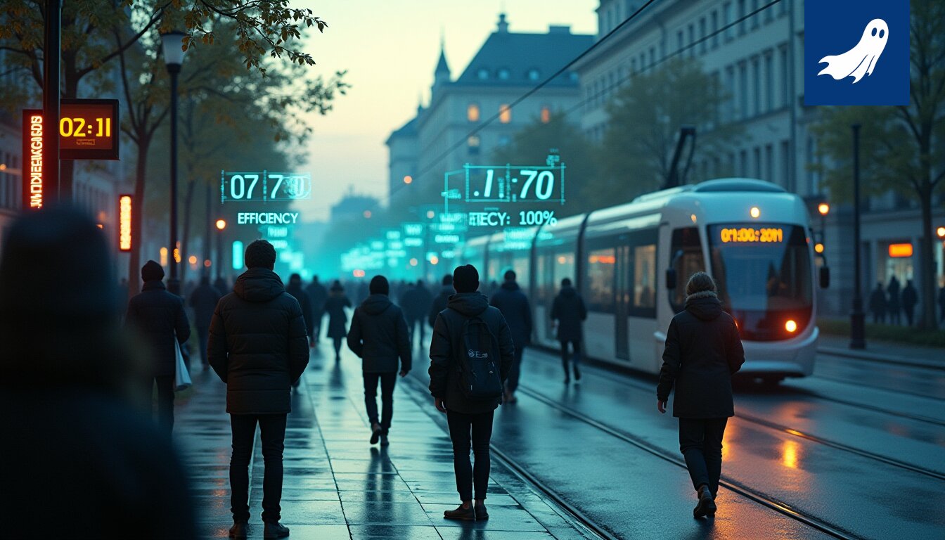 Satiirinen kuva Tampereen kaupunginvaltuustosta, joka suunnittelee algoritmisia aikatauluja ihmisten arkeen.