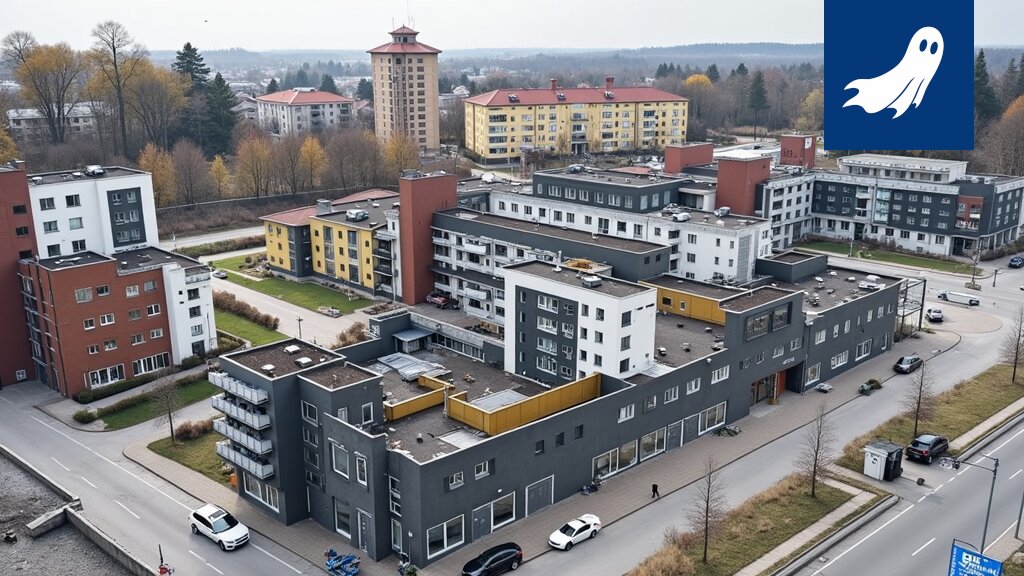 Satiirinen kuva Tampereen kaupunginvaltuustosta, joka julistaa siirtymistä Metaverse-vuokra-alueisiin.
