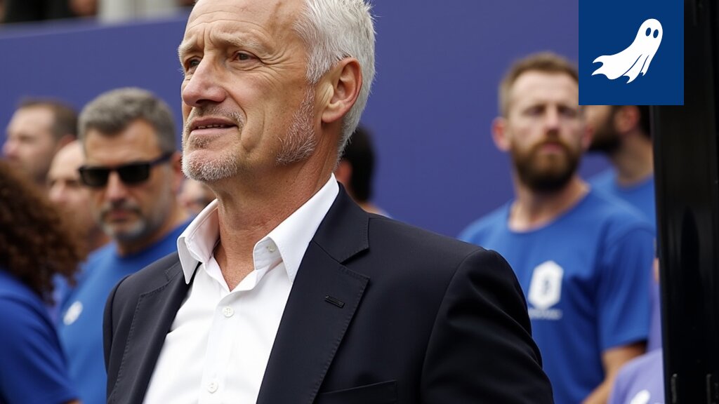 Didier Deschampsin valokuva, jossa hän vaikuttaa mietteliältä, symboloiden uutisartikkelin absurdia aihetta.