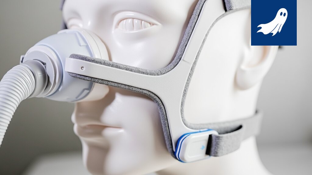 Sarjakuvamainen kuva Taysin Unipoliklinikasta, jossa CPAP-maskit lentävät kaaoksessa ilmassa, symboloiden maskivaihdon ongelmaa.