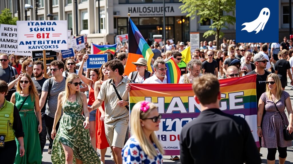 Satiirinen kuva Taysin Unipoliklinikasta, jossa ihmiset muuttuvat sateenkaaren väreiksi.