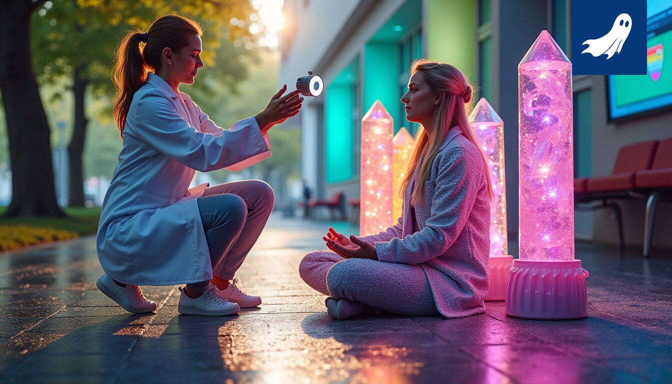 Sateenkaaren väreissä loistava Taysin Unipoliklinikan aula, jossa potilaat osallistuvat mindfulness-harjoitukseen.