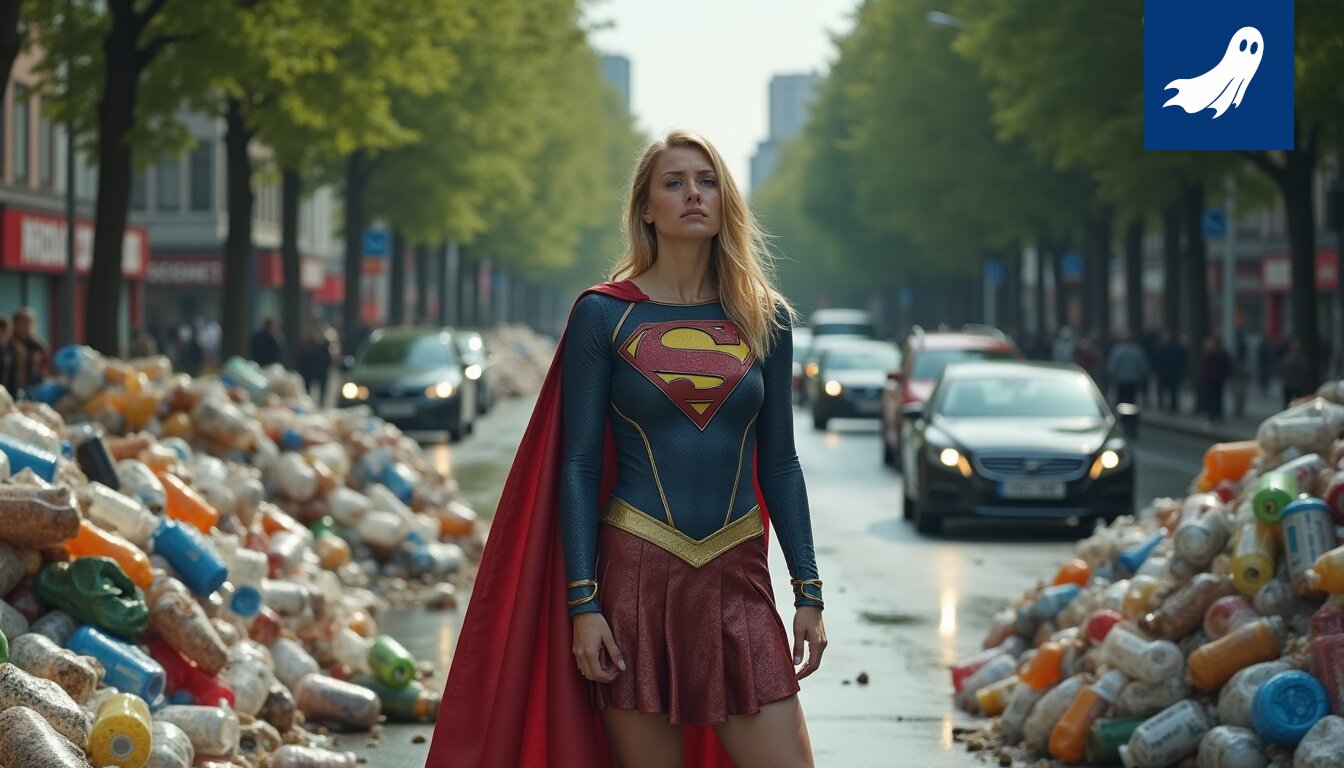 Milly Alcock Supergirlina lajittelee muovijätettä, symboloiden supersankareiden nykytilaa ja kierrätyslogistiikan ylivaltaa.