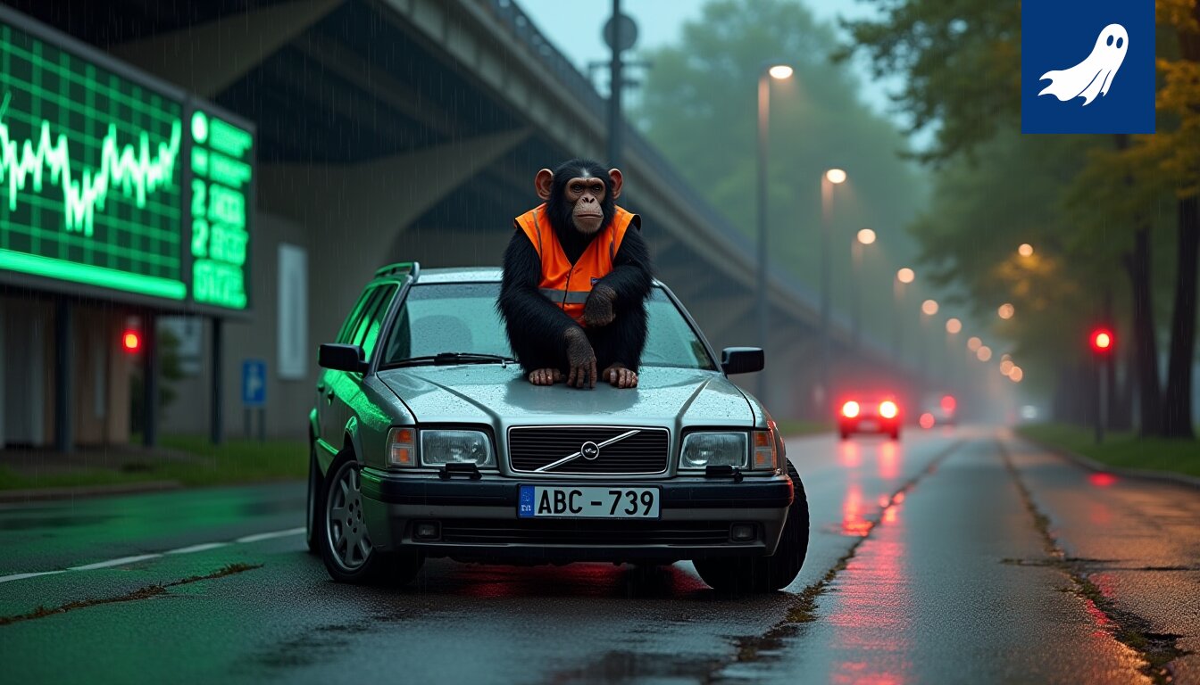 Sarjakuvamainen kuva simpanssista analysoimassa autovahinkojen tilastoja Tampereella.