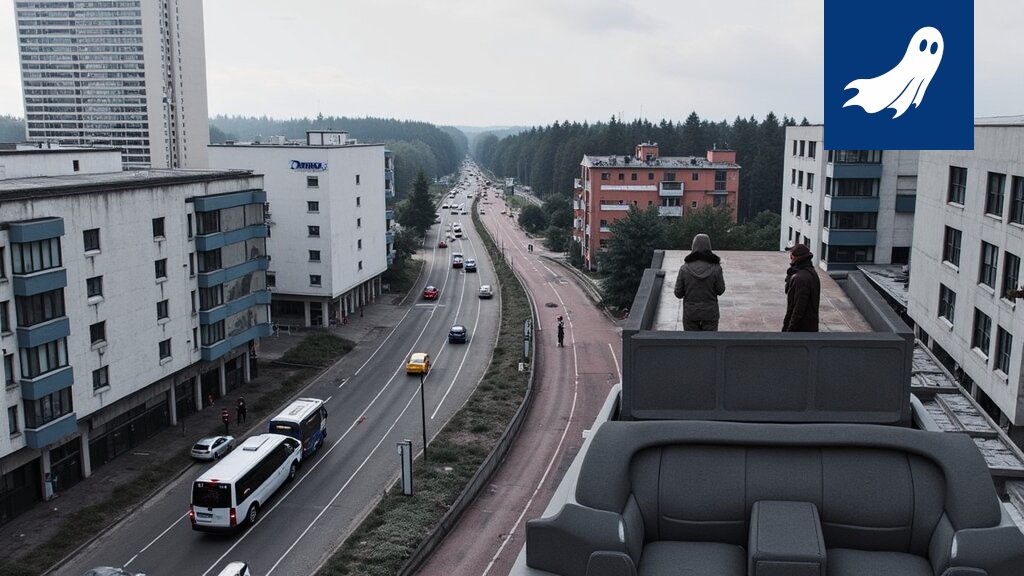 Sarjakuvamainen kuva Pirkkalasta, jossa asunnot muuttuvat digitaalisiksi tokeneiksi ja salibandypallo lentää kohti maalia.