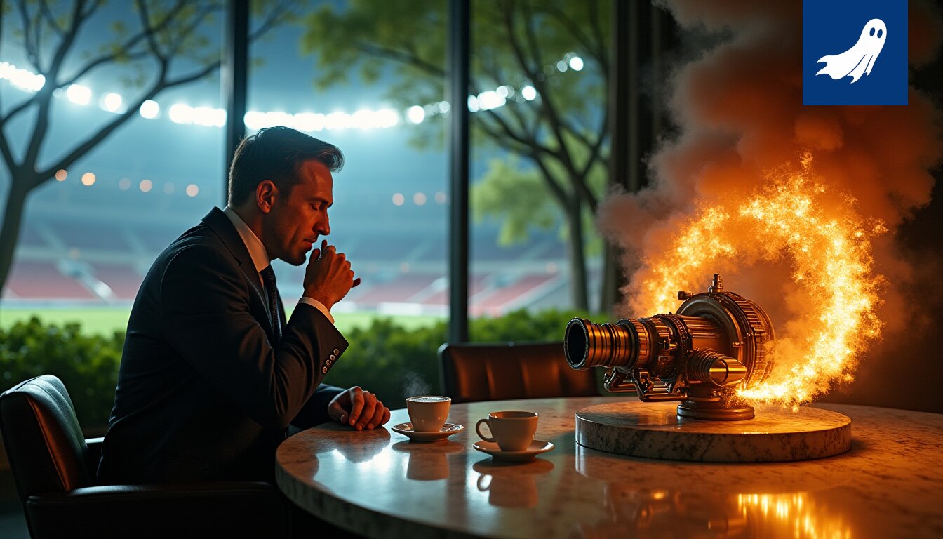 Sarjakuvamainen kuva Gianni Infantinosta lentämässä useissa rinnakkaistodellisuuksissa jalkapallo stadionien yllä.