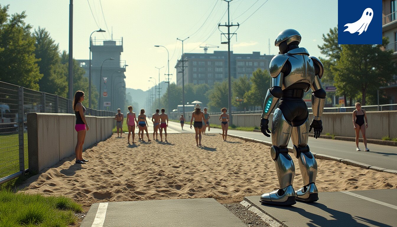Robocop seisoo Tammelan stadionilla, taustalla suljettuja uimarantoja ja rakennustyömaita.
