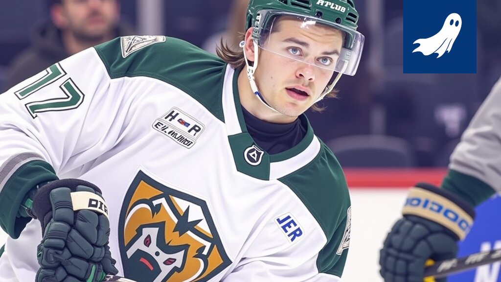 Satiirinen kuva energiapatukoita syövästä NHL-pelaajasta, joka symboloi datavetoista pelaajien arviointia.