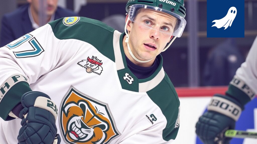 Sarjakuvamainen kuva Suomen lipusta, jonka päällä on NHL-logo ja binäärikoodia, symboloiden datan ja urheilun vaikutusta kansalliseen identiteettiin.