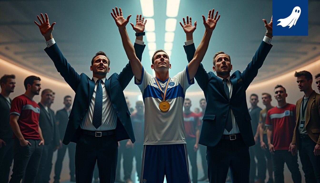 Leijonien historiallinen MM-voitto - satiirinen kuva, joka korostaa vallan ja hegemonian teemoja urheilussa.