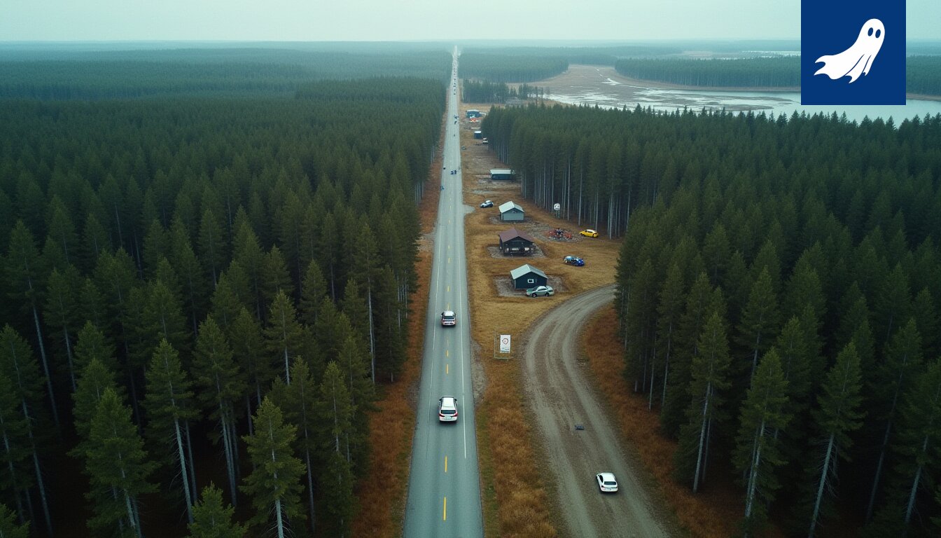 Satiirinen uutiskuva raviradan läheisyydessä sijaitsevasta ikäihmisten asuinmoduulista, jossa korostuu epätavallinen ympäristö ja algoritminen optimointi.