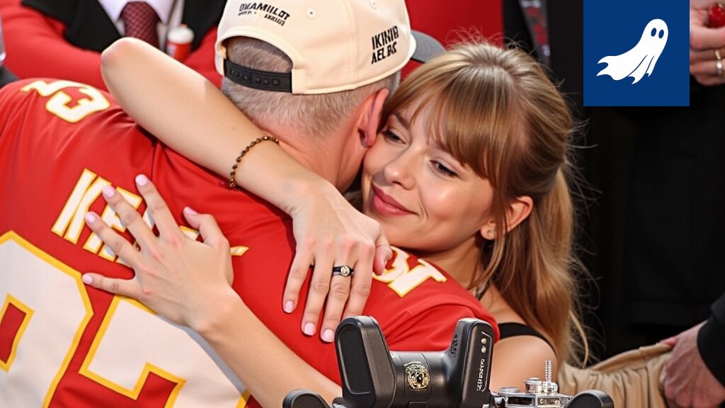 Taylor Swift ja Travis Kelce hymyilevät lavalla, taustalla valonheittimiä ja yleisöä, vihjaten suureen mediashowhun.