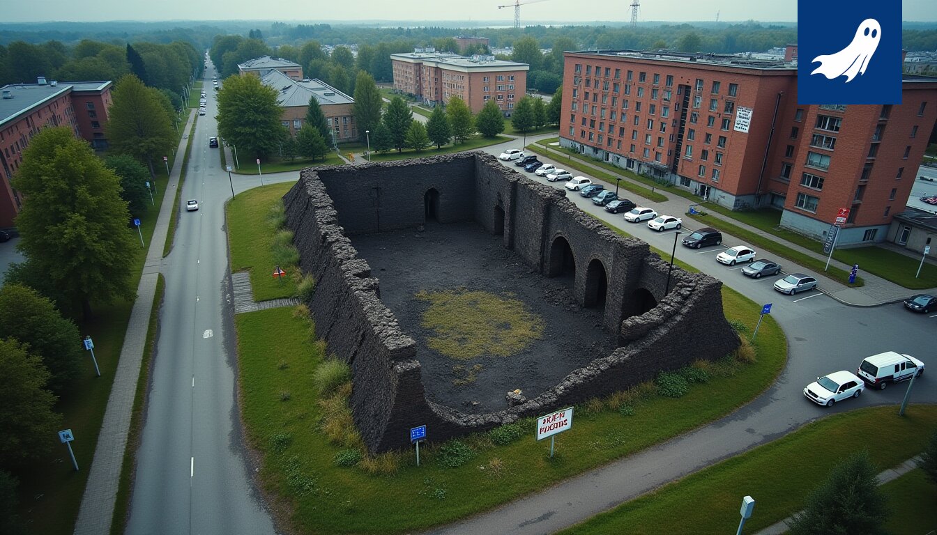 Kuva liekkeihin upotetusta rakennuksesta, joka symboloi kaaosta ja epäonnistumista, viitaten satiiriseen uutiseen.