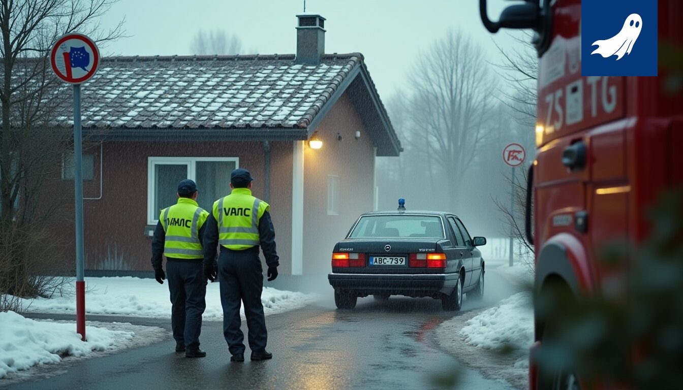 Satiirinen uutiskuva hiilipohjaisesta autotallista, joka palaa, korostaen orgaanisen epäjärjestyksen termistä hajoamista.