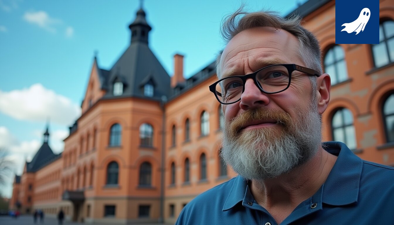 Kuvitus: Ihmismäinen Tampere, jossa on silmät ja suu, katsoo epäluuloisesti uutta konseptiravintolaa Kuparitarha.