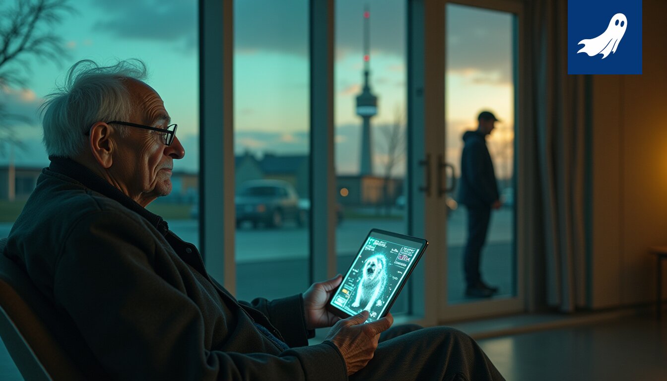 Vanha ihminen hymyilee älypuhelimelle, jossa näkyy digitaalinen lemmikki.