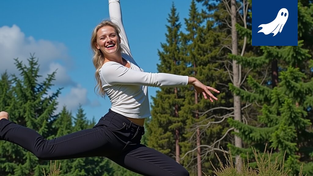 Kuva Anni Pulkista suorittamassa aerobikkaliikettä junan ikkunassa, symboloiden rataverkon uutta tehokkuutta.