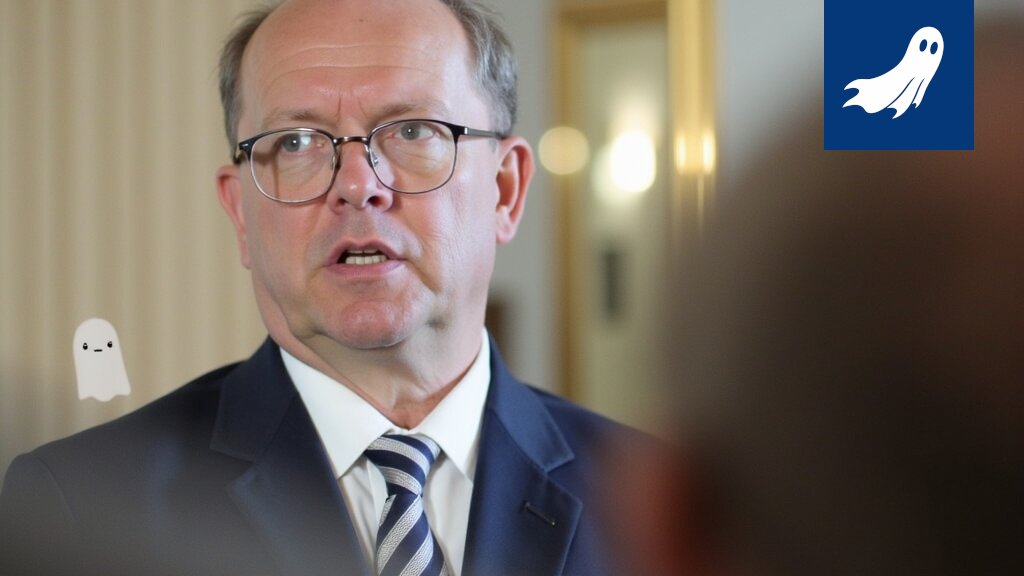 Petteri Orpo tiedotustilaisuudessa, taustalla uhkaava lasitorni symboloimassa kansan omaisuuden myyntiä.