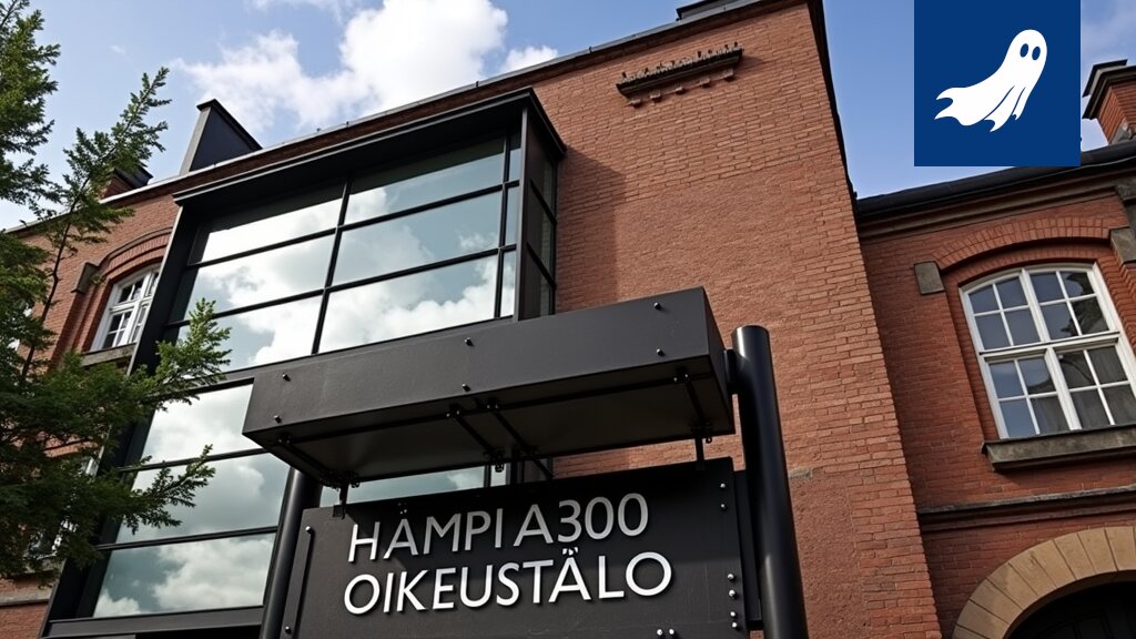 Robocop tähtää laserilla parkkipaikalla olevaan autoon Tampereen Hämeenkadulla.