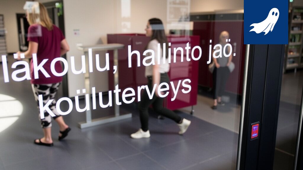 Sarjakuvamainen kuva Tampereen kaupungintalosta, jossa opiskelupaikat leijuvat NFT-tokeneina.