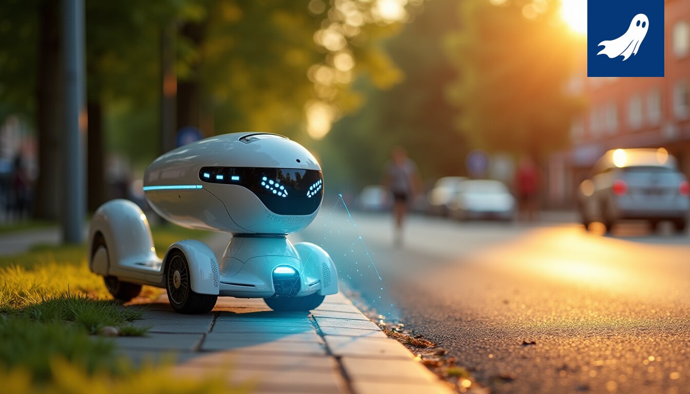Robottipoliisi partioi Tampereen keskustassa, valvontakamerat kohdistuvat ihmisiin.