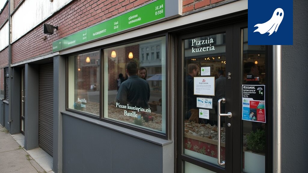 Pizzeria Basilikon tyhjä liiketila, symboloiden siirtymistä fyysisestä maailmasta digitaaliseen lohkoketjuun.