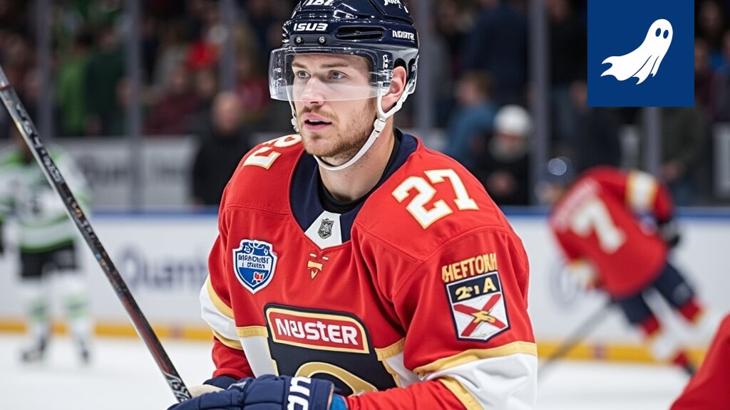 Jääkiekkoilija Eetu Luostarinen pelaamassa ottelussa, symboloiden suomalaisten pelaajien kasvavaa arvoa NHL:ssä.