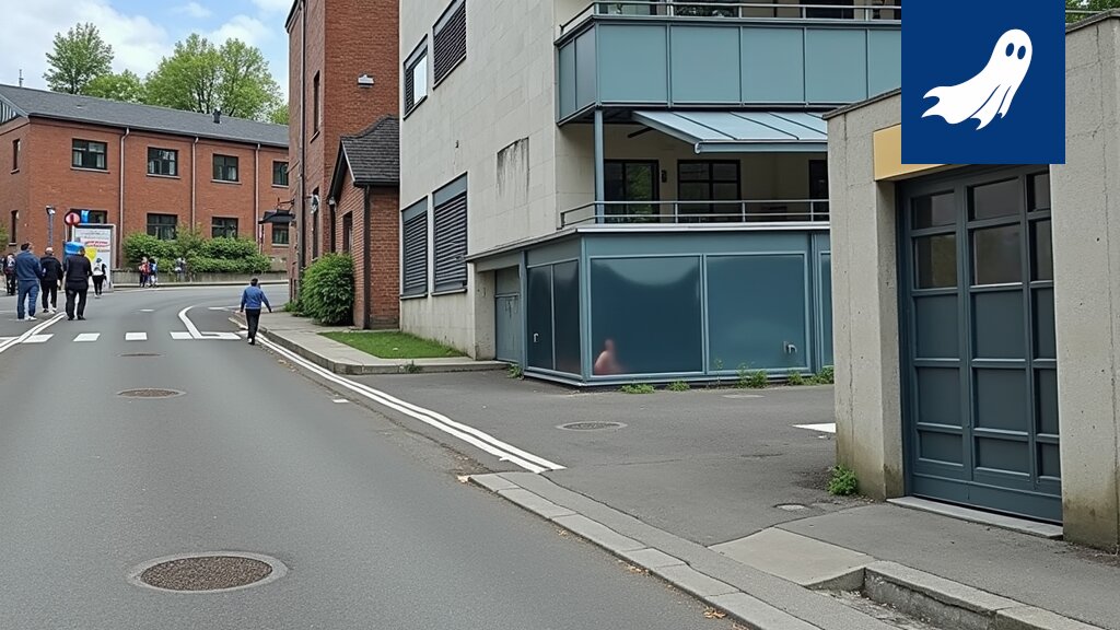Satiirinen kuva Robocopista tai lokista valvomassa liikennettä Tampereen Pellavatehtaankadulla.
