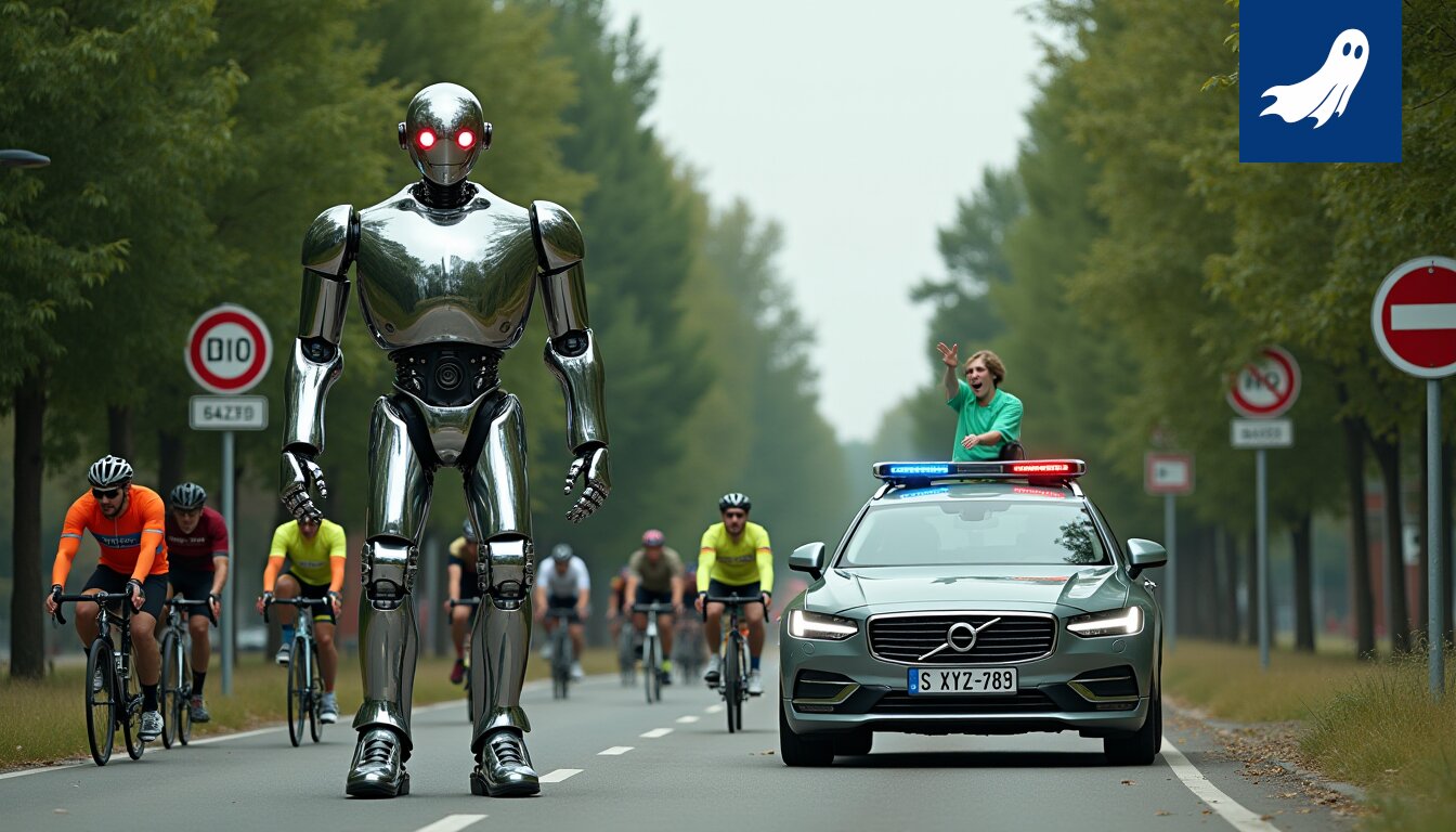 Robottipoliisi partioi Tampereen Koskipuistossa, valvoen ihmisten hymyilyä.