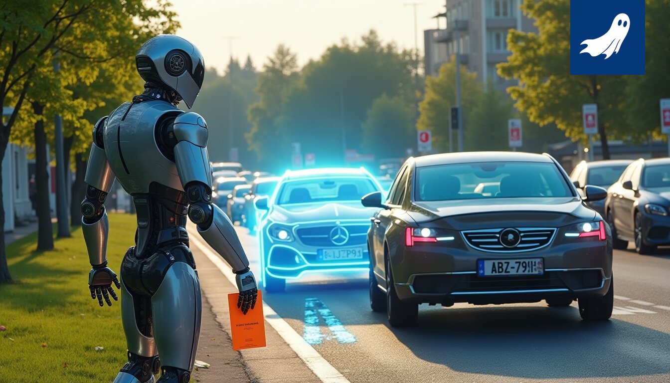 Satiirinen kuva robottipoliisista Ideaparkin elintarviketorilla, joka aiheuttaa liikennettä.