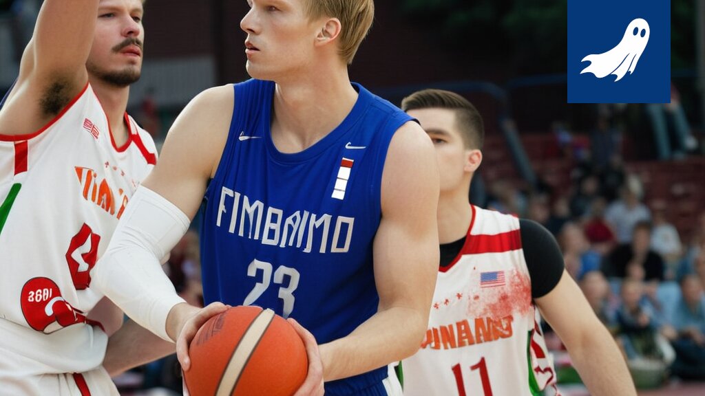 Lauri Markkanen suunnittelemassa robottituomareita koripallokentällä, satiirinen kuva.