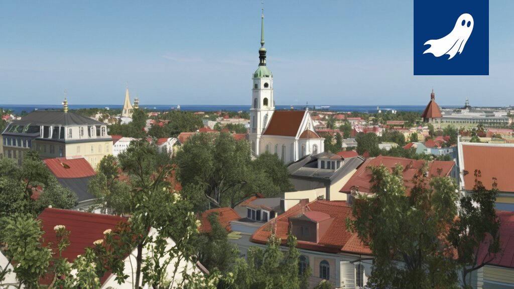 Sarjakuvamainen kuva Viron pääkaupungista Tallinnasta, jossa ihmiset ovat muuttuneet datavirroiksi.