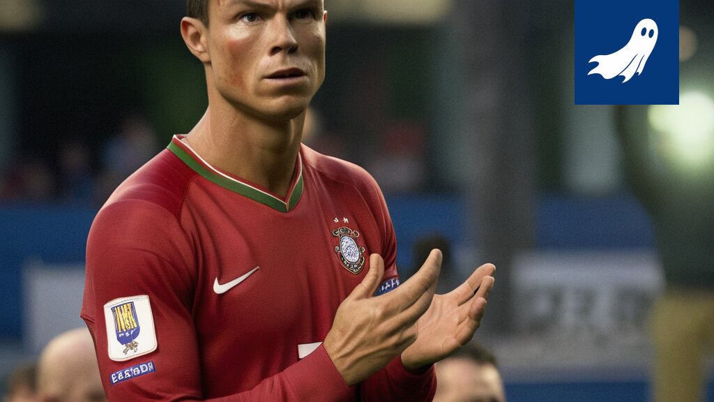 Cristiano Ronaldo hymyilee digitaalisen kolikon päällä, symboloiden hänen perintönsä muuttumista kryptovaluutaksi.
